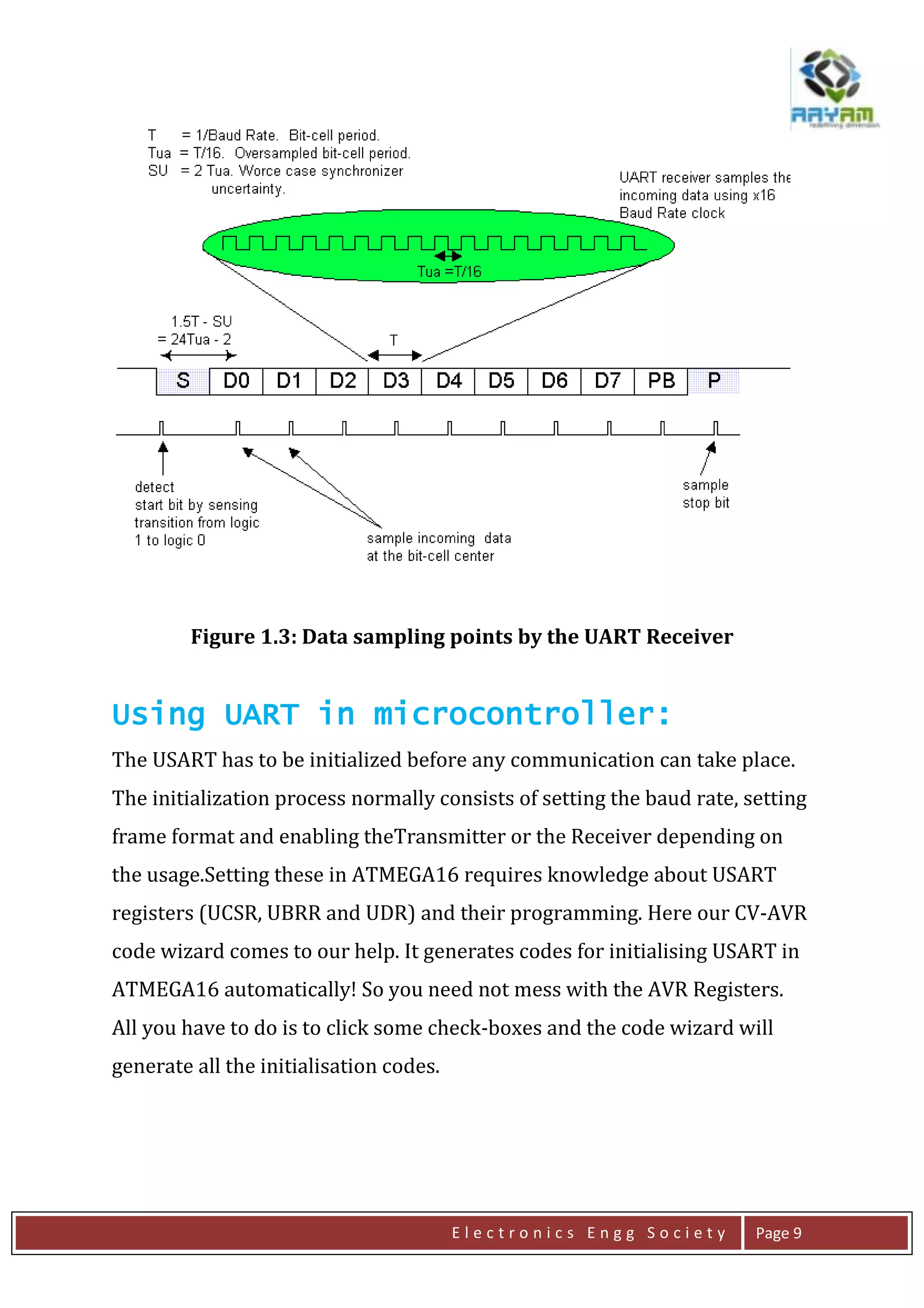 E l e c t r o n i c s E n g g S o c i e t y Page 9
Figure 1.3: Data sampling points by the UART Receiver
Using UART in microcontroller:
The USART has to be initialized before any communication can take place.
The initialization process normally consists of setting the baud rate, setting
frame format and enabling theTransmitter or the Receiver depending on
the usage.Setting these in ATMEGA16 requires knowledge about USART
registers (UCSR, UBRR and UDR) and their programming. Here our CV-AVR
code wizard comes to our help. It generates codes for initialising USART in
ATMEGA16 automatically! So you need not mess with the AVR Registers.
All you have to do is to click some check-boxes and the code wizard will
generate all the initialisation codes.
 