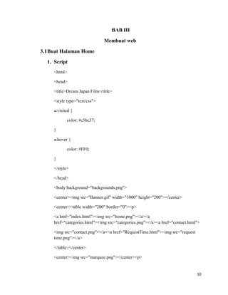 BAB III
Membuat web
3.1Buat Halaman Home
1. Script
<html>
<head>
<title>Dream Japan Film</title>
<style type="text/css">
a:visited {
color: #c5bc37;
}
a:hover {
color: #FF0;
}
</style>
</head>
<body background="backgrounds.png">
<center><img src="Banner.gif" width="1000" height="200"></center>
<center><table width="200" border="0"><p>
<a href="index.html"><img src="home.png"></a><a
href="categories.html"><img src="categories.png"></a><a href="contact.html">
<img src="contact.png"></a><a href="RequestTime.html"><img src="request
time.png"></a>
</table></center>
<center><img src="marquee.png"></center><p>
10
 