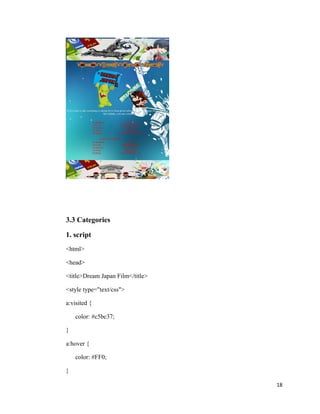 3.3 Categories
1. script
<html>
<head>
<title>Dream Japan Film</title>
<style type="text/css">
a:visited {
color: #c5bc37;
}
a:hover {
color: #FF0;
}
18
 