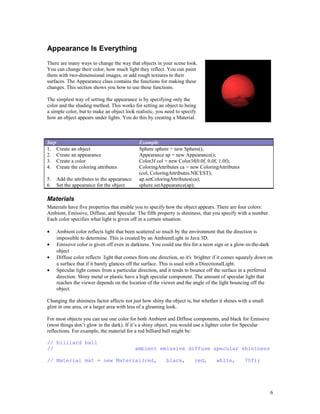 Appearance Is Everything
There are many ways to change the way that objects in your scene look.
You can change their color, how much light they reflect. You can paint
them with two-dimensional images, or add rough textures to their
surfaces. The Appearance class contains the functions for making these
changes. This section shows you how to use these functions.
The simplest way of setting the appearance is by specifying only the
color and the shading method. This works for setting an object to being
a simple color, but to make an object look realistic, you need to specify
how an object appears under lights. You do this by creating a Material.

Step
1. Create an object
2. Create an appearance
3. Create a color
4. Create the coloring attributes
5.
6.

Add the attributes to the appearance
Set the appearance for the object

Example
Sphere sphere = new Sphere();
Appearance ap = new Appearance();
Color3f col = new Color3f(0.0f, 0.0f, 1.0f);
ColoringAttributes ca = new ColoringAttributes
(col, ColoringAttributes.NICEST);
ap.setColoringAttributes(ca);
sphere.setAppearance(ap);

Materials
Materials have five properties that enable you to specify how the object appears. There are four colors:
Ambient, Emissive, Diffuse, and Specular. The fifth property is shininess, that you specify with a number.
Each color specifies what light is given off in a certain situation.
•
•
•
•

Ambient color reflects light that been scattered so much by the environment that the direction is
impossible to determine. This is created by an AmbientLight in Java 3D.
Emissive color is given off even in darkness. You could use this for a neon sign or a glow-in-the-dark
object
Diffuse color reflects light that comes from one direction, so it's brighter if it comes squarely down on
a surface that if it barely glances off the surface. This is used with a DirectionalLight.
Specular light comes from a particular direction, and it tends to bounce off the surface in a preferred
direction. Shiny metal or plastic have a high specular component. The amount of specular light that
reaches the viewer depends on the location of the viewer and the angle of the light bouncing off the
object.

Changing the shininess factor affects not just how shiny the object is, but whether it shines with a small
glint in one area, or a larger area with less of a gleaming look.
For most objects you can use one color for both Ambient and Diffuse components, and black for Emissive
(most things don’t glow in the dark). If it’s a shiny object, you would use a lighter color for Specular
reflections. For example, the material for a red billiard ball might be:
// billiard ball
//

ambient emissive diffuse specular shininess

// Material mat = new Material(red,

black,

red,

white,

70f);

6

 