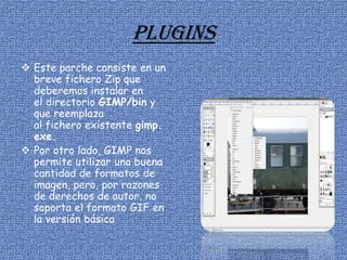 Plugins
 Este parche consiste en un
breve fichero Zip que
deberemos instalar en
el directorio GIMP/bin y
que reemplaza
al fichero existente gimp.
exe.
 Por otro lado, GIMP nos
permite utilizar una buena
cantidad de formatos de
imagen, pero, por razones
de derechos de autor, no
soporta el formato GIF en
la versión básica
 