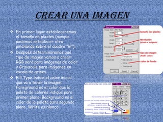 Crear una imagen
 En primer lugar estableceremos
el tamaño en píxeles (aunque
podemos establecer otra
pinchando sobre el cuadro "in").
 Después determinaremos qué
tipo de imagen vamos a crear:
RGB será para imágenes de color
y Grayscale para imágenes en
escala de grises.
 Fill Type indica el color inicial
que va a tener la imagen:
Foreground es el color que la
paleta de colores indique para
primer plano, Background es el
color de la paleta para segundo
plano, White es blanco.
 