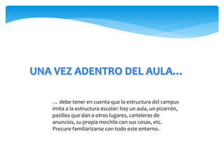 UNA VEZ ADENTRO DEL AULA… 
… debe tener en cuenta que la estructura del campus 
imita a la estructura escolar: hay un aula, un pizarrón, 
pasillos que dan a otros lugares, carteleras de 
anuncios, su propia mochila con sus cosas, etc. 
Procure familiarizarse con todo este entorno. 
 