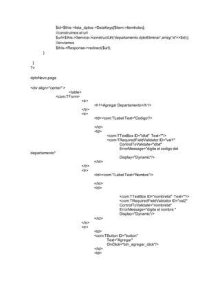 $id=$this->lista_dptos->DataKeys[$item->ItemIndex]; 
//construimos el url 
$url=$this->Service->constructUrl('departamento.dptoEliminar',array('id'=>$id)); 
//enviamos 
$this->Response->redirect($url); 
} 
} 
?> 
dptoNevo.page 
<div align="center" > 
<table> 
<com:TForm> 
<tr> 
<h1>Agregar Departamento</h1> 
</tr> 
<tr> 
<td><com:TLabel Text="Codigo"/> 
</td> 
<td> 
<com:TTextBox ID="idtxt" Text=""/> 
<com:TRequiredFieldValidator ID="val1" 
ControlToValidate="idtxt" 
ErrorMessage="digite el codigo del 
departamento" 
Display="Dynamic"/> 
</td> 
</tr> 
<tr> 
<td><com:TLabel Text="Nombre"/> 
</td> 
<td> 
<com:TTextBox ID="nombretxt" Text=""/> 
<com:TRequiredFieldValidator ID="val2" 
ControlToValidate="nombretxt" 
ErrorMessage="digite el nombre " 
Display="Dynamic"/> 
</td> 
</tr> 
<tr> 
<td> 
<com:TButton ID="button" 
Text="Agregar" 
OnClick="btn_agregar_click"/> 
</td> 
<td> 
 