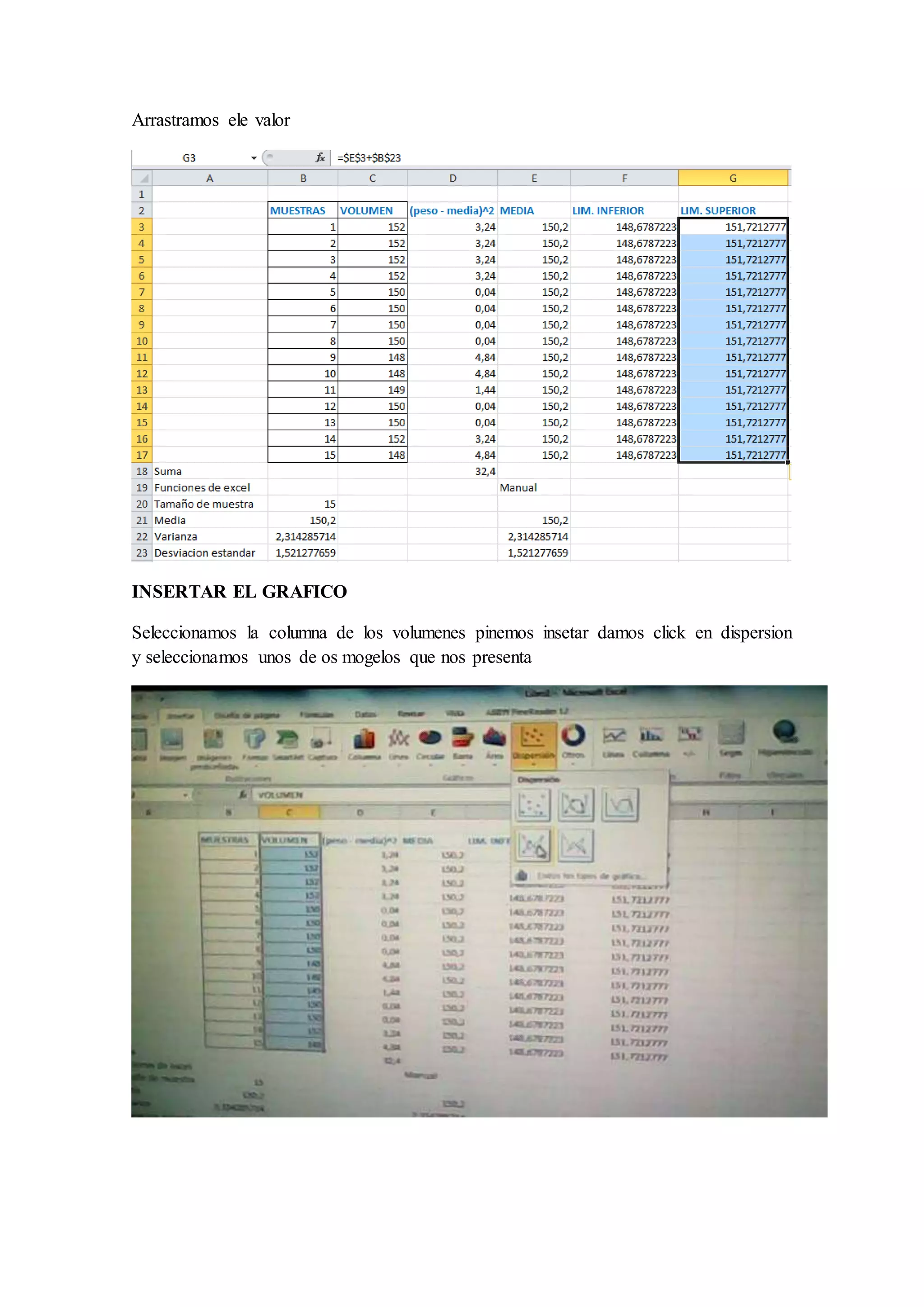 Arrastramos ele valor 
INSERTAR EL GRAFICO 
Seleccionamos la columna de los volumenes pinemos insetar damos click en dispersion 
y seleccionamos unos de os mogelos que nos presenta 
 