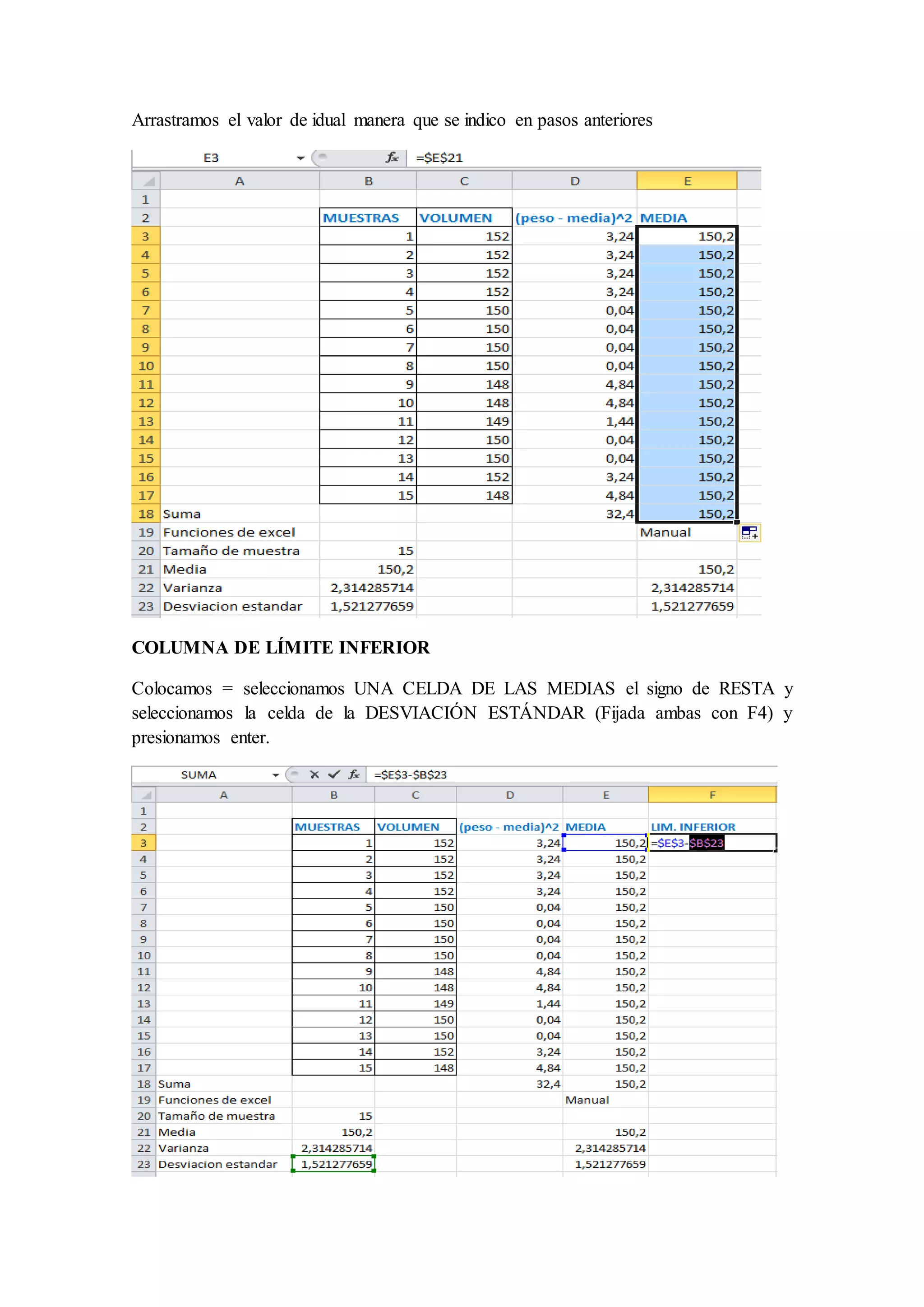 Arrastramos el valor de idual manera que se indico en pasos anteriores 
COLUMNA DE LÍMITE INFERIOR 
Colocamos = seleccionamos UNA CELDA DE LAS MEDIAS el signo de RESTA y 
seleccionamos la celda de la DESVIACIÓN ESTÁNDAR (Fijada ambas con F4) y 
presionamos enter. 
 