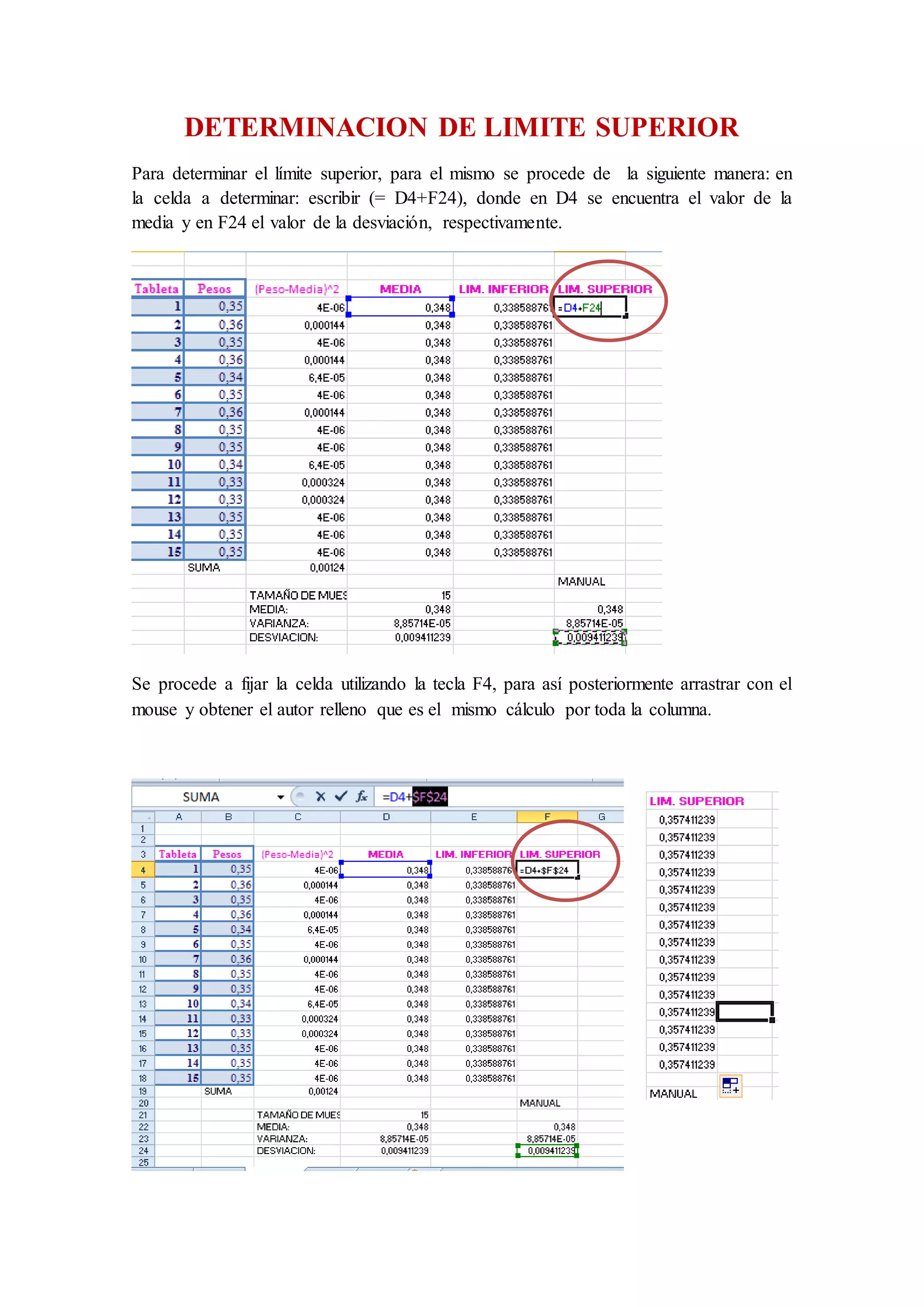 DETERMINACION DE LIMITE SUPERIOR
Para determinar el límite superior, para el mismo se procede de la siguiente manera: en
la celda a determinar: escribir (= D4+F24), donde en D4 se encuentra el valor de la
media y en F24 el valor de la desviación, respectivamente.
Se procede a fijar la celda utilizando la tecla F4, para así posteriormente arrastrar con el
mouse y obtener el autor relleno que es el mismo cálculo por toda la columna.
 