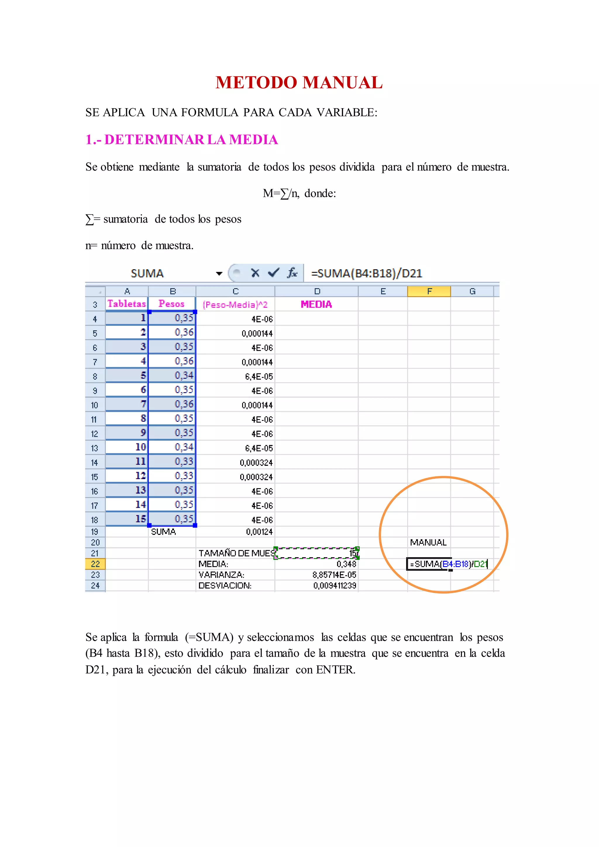 METODO MANUAL 
SE APLICA UNA FORMULA PARA CADA VARIABLE: 
1.- DETERMINAR LA MEDIA 
Se obtiene mediante la sumatoria de todos los pesos dividida para el número de muestra. 
M=Σ/n, donde: 
Σ= sumatoria de todos los pesos 
n= número de muestra. 
Se aplica la formula (=SUMA) y seleccionamos las celdas que se encuentran los pesos 
(B4 hasta B18), esto dividido para el tamaño de la muestra que se encuentra en la celda 
D21, para la ejecución del cálculo finalizar con ENTER. 
 