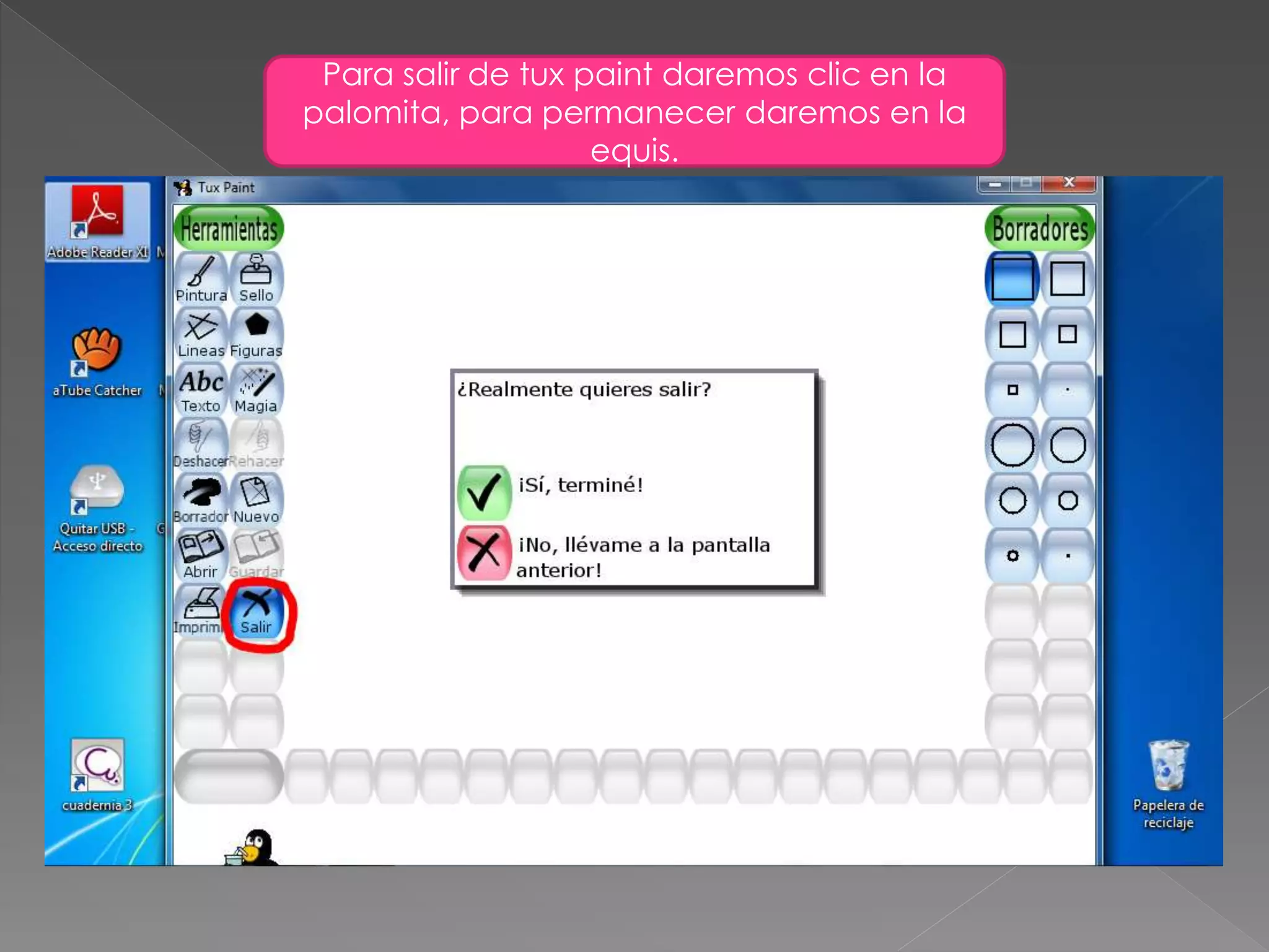 Para salir de tux paint daremos clic en la
palomita, para permanecer daremos en la
equis.