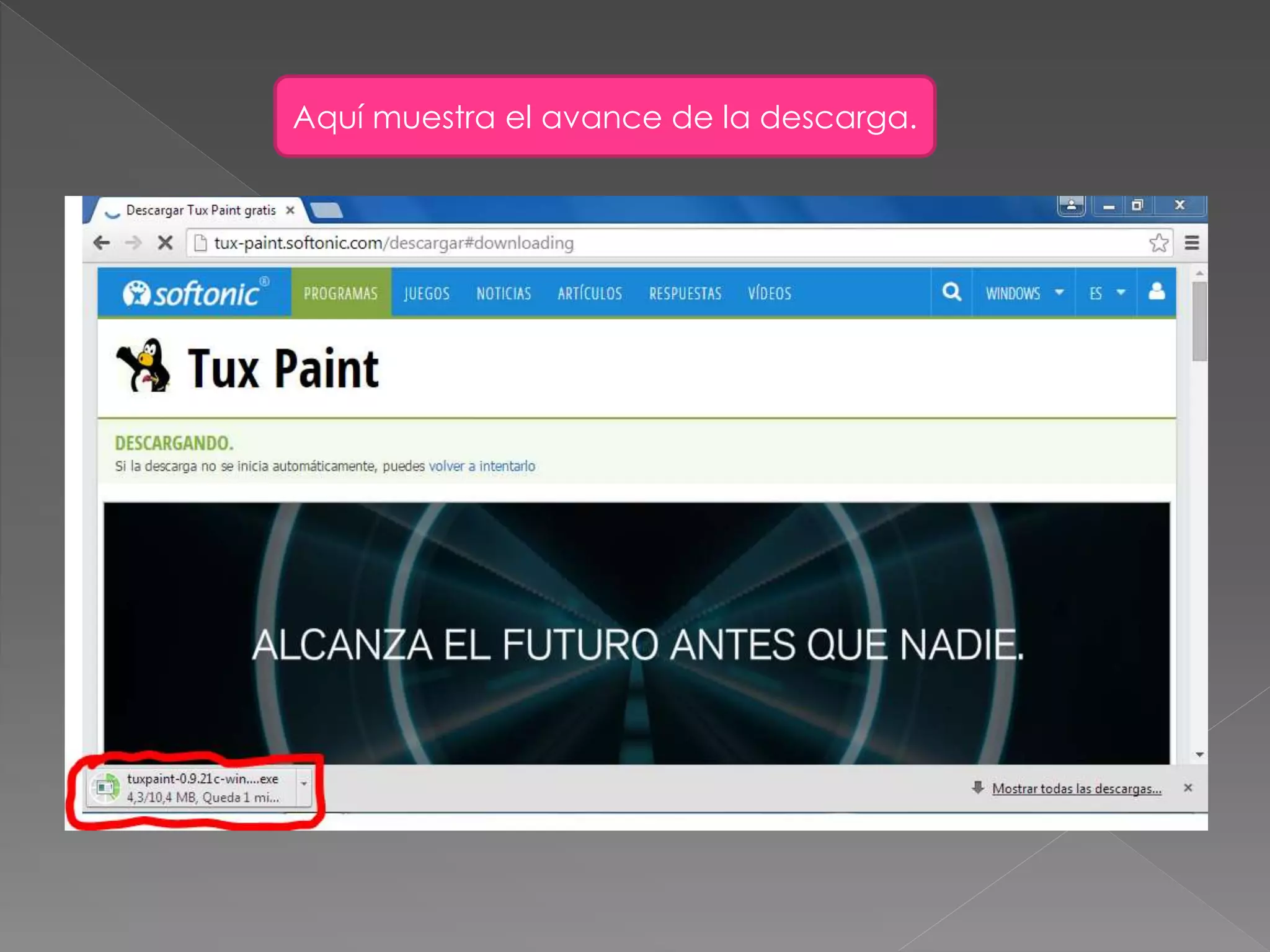 Aquí muestra el avance de la descarga.