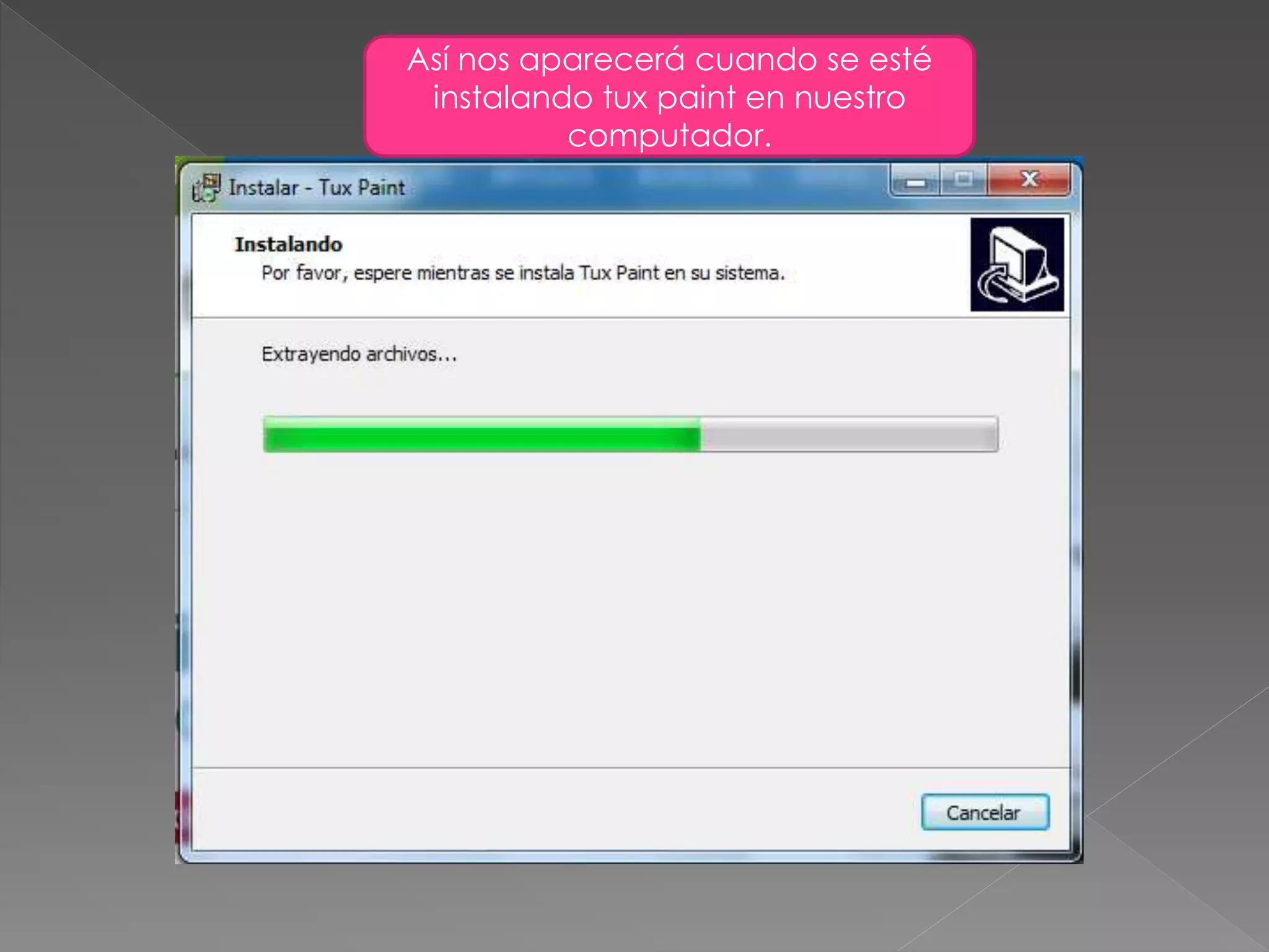 Así nos aparecerá cuando se esté
instalando tux paint en nuestro
computador.