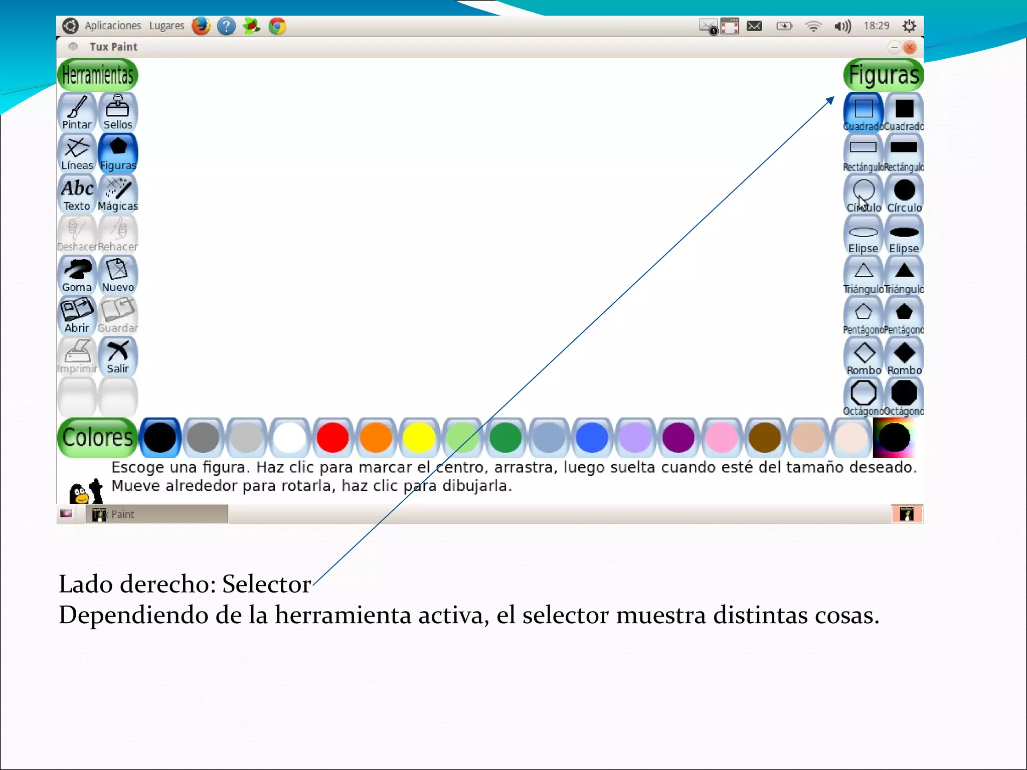 Lado derecho: Selector
Dependiendo de la herramienta activa, el selector muestra distintas cosas.
 