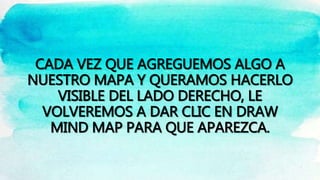 CADA VEZ QUE AGREGUEMOS ALGO A
NUESTRO MAPA Y QUERAMOS HACERLO
VISIBLE DEL LADO DERECHO, LE
VOLVEREMOS A DAR CLIC EN DRAW
MIND MAP PARA QUE APAREZCA.
 