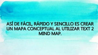 ASÍ DE FÁCIL, RÁPIDO Y SENCILLO ES CREAR
UN MAPA CONCEPTUAL AL UTILIZAR TEXT 2
MIND MAP.
 
