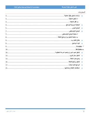 / ‫م‬ ‫إعداد‬‫توفيق‬ ‫أمير‬ 2
CNCLatheManual(Mach3Controller) ‫المخرطة‬ ‫ماكينة‬ ‫تشغيل‬ ‫كتيب‬
‫المحتويات‬
‫ارشادات‬‫تشغيل‬‫وقفل‬‫الماكينة‬..............................................................................................................................................3
‫أ‬-‫تشغيل‬‫الماكينة‬.........................................................................................................................................................3
‫ب‬-‫قفل‬‫الماكينة‬............................................................................................................................................................3
‫الصفحة‬‫الرئيسية‬‫للبرنامج‬..................................................................................................................................................4
‫الوضع‬‫اليدوي‬..................................................................................................................................................................5
‫الوضع‬‫االوتوماتيكي‬..........................................................................................................................................................7
‫أ‬-‫صفحة‬‫الوضع‬‫االوتوماتيكي‬.........................................................................................................................................7
‫ب‬-‫صفحة‬‫تشغيل‬‫دورة‬‫برنامج‬‫الشغلة‬...............................................................................................................................8
‫مفتاح‬‫الطوارىء‬...............................................................................................................................................................9
‫أكواد‬‫البرنامج‬..................................................................................................................................................................9
‫أ‬-G-codes............................................................................................................................................................................9
‫ب‬-M-Codes.........................................................................................................................................................................10
‫تشغيل‬‫عمود‬‫الدوران‬‫وتحديد‬‫السرعة‬‫المطلوبة‬......................................................................................................................10
‫تشغيل‬‫سائل‬‫التبريد‬..........................................................................................................................................................13
‫وضع‬‫صفر‬‫ال‬‫شغلة‬...........................................................................................................................................................13
‫تشغيل‬‫برنامج‬‫الشغلة‬.......................................................................................................................................................16
‫البرامج‬‫الشبه‬‫جاهزة‬.......................................................................................................................................................17
‫استكشاف‬‫األخطاء‬‫وإصالحها‬.............................................................................................................................................21
 