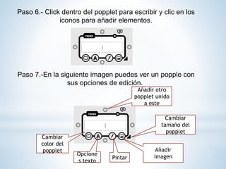Paso 6.- Click dentro del popplet para escribir y clic en los
iconos para añadir elementos.
Paso 7.-En la siguiente imagen puedes ver un popple con
sus opciones de edición.
Añadir otro
popplet unido
a este
Cambiar
tamaño del
popplet
Añadir
imagenPintar
Opcione
s texto
Cambiar
color del
popplet
 