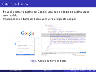 Estrutura B´asica
Se vocˆe acessar a p´agina do Google, ver´a que o c´odigo da p´agina segue
esse modelo.
Inspecionando a barra de busca vocˆe ver´a o seguinte c´odigo:
Figura: C´odigo da barra de busca
Daniel Marcelino RSelenium 07 de junho de 2015 10 / 32
 