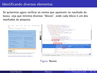 Identiﬁcando diversos elementos
Se quisermos agora veriﬁcar os nomes que aparecem no resultado da
busca, veja que teremos diversos “blocos”, onde cada bloco ´e um dos
resultados da pesquisa.
Figura: Nomes
Daniel Marcelino RSelenium 07 de junho de 2015 26 / 32
 
