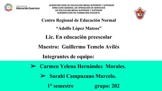 SUBSECRETARÍA DE EDUCACIÓN MEDIA SUPERIOR Y SUPERIOR
DIRECCIÓN GENERAL DE OPERACIÓN DE SERVICIOS
DE EDUCACIÓN MEDIA SUPERIOR Y SUPERIOR
SUBDIRECCIÓN DE FORMACIÓN DOCENTE.
Centro Regional de Educación Normal
“Adolfo López Mateos”
Lic. En educación preescolar
Maestro: Guillermo Temelo Avilés
Integrantes de equipo:
➢ Carmen Yelena Hernández Morales.
➢ Sarahi Campuzano Marcelo.
1° semestre grupo: 202
 
