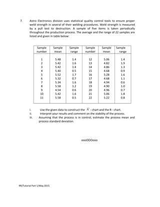 7. Astro Electronics division uses statistical quality control tools to ensure proper
weld strength in several of their welding procedures. Weld strength is measured
by a pull test to destruction. A sample of five items is taken periodically
throughout the production process. The average and the range of 22 samples are
listed and given in table below:
Sample
number
Sample
mean
Sample
range
Sample
number
Sample
mean
Sample
range
1
2
3
4
5
6
7
8
9
10
11
5.48
5.42
5.42
5.40
5.52
5.32
5.34
5.58
4.54
5.42
5.58
1.4
1.6
1.4
0.5
1.7
0.7
1.6
1.2
0.6
1.6
0.5
12
13
14
15
16
17
18
19
20
21
22
5.06
4.82
4.86
4.68
5.28
4.68
4.94
4.90
4.96
5.06
5.22
1.4
1.9
1.3
0.9
1.6
1.1
0.6
1.0
0.7
1.8
0.8
i. Use the given data to construct the X - chart and the R - chart.
ii. Interpret your results and comment on the stability of the process.
iii. Assuming that the process is in control, estimate the process mean and
process standard deviation.
oooOOOooo
RR/Tutorial Part 1/May 2015.
 