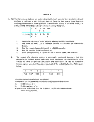Tutorial 3
1. At UTP, the business students run an investment club. Each semester they create investment
portfolios in multiples of RM1,000 each. Records from the past several years show the
following probabilities of profits (rounded to the nearest RM50). In the table below, x =
profit per RM1, 000 and P(x) is the probability of earning that profit.
x 0 50 10
0
15
0
200
0.1
5
0.3
5
k 0.2 0.0
5
i. Determine the value of k that results in a valid probability distribution.
ii. The profit per RM1, 000 is a random variable. Is it discrete or continuous?
Explain.
iii. Find the expected value of the profit in a $1,000 portfolio.
iv. Find the standard deviation of the profit.
v. What is the probability of a profit of $150 or more in a RM1, 000 portfolio?
2. The output of a chemical process is continually monitored to ensure that the
concentration remains within acceptable limits. Whenever the concentration drifts
outside the limits, the process is shut down and recalibrated. Let x be the number of
times in a given week that the process is calibrated. The probability function f (x) is given
below.
x 0 1 2 3 4
f (x) 0.17 0.36 k 0.13 0.03
i. Is this a continuous or discrete distribution?
ii.Determine the value of k that results in a valid probability distribution.
iii. Find the mean of x.
iv. Find the variance of x .
v.What is the probability that the process is recalibrated fewer than two
times during a week?
 