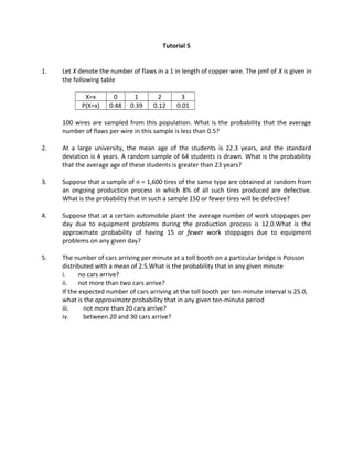 Tutorial 5
1. Let X denote the number of flaws in a 1 in length of copper wire. The pmf of X is given in
the following table
X=x 0 1 2 3
P(X=x) 0.48 0.39 0.12 0.01
100 wires are sampled from this population. What is the probability that the average
number of flaws per wire in this sample is less than 0.5?
2. At a large university, the mean age of the students is 22.3 years, and the standard
deviation is 4 years. A random sample of 64 students is drawn. What is the probability
that the average age of these students is greater than 23 years?
3. Suppose that a sample of n = 1,600 tires of the same type are obtained at random from
an ongoing production process in which 8% of all such tires produced are defective.
What is the probability that in such a sample 150 or fewer tires will be defective?
4. Suppose that at a certain automobile plant the average number of work stoppages per
day due to equipment problems during the production process is 12.0.What is the
approximate probability of having 15 or fewer work stoppages due to equipment
problems on any given day?
5. The number of cars arriving per minute at a toll booth on a particular bridge is Poisson
distributed with a mean of 2.5.What is the probability that in any given minute
i. no cars arrive?
ii. not more than two cars arrive?
If the expected number of cars arriving at the toll booth per ten-minute interval is 25.0,
what is the approximate probability that in any given ten-minute period
iii. not more than 20 cars arrive?
iv. between 20 and 30 cars arrive?
 