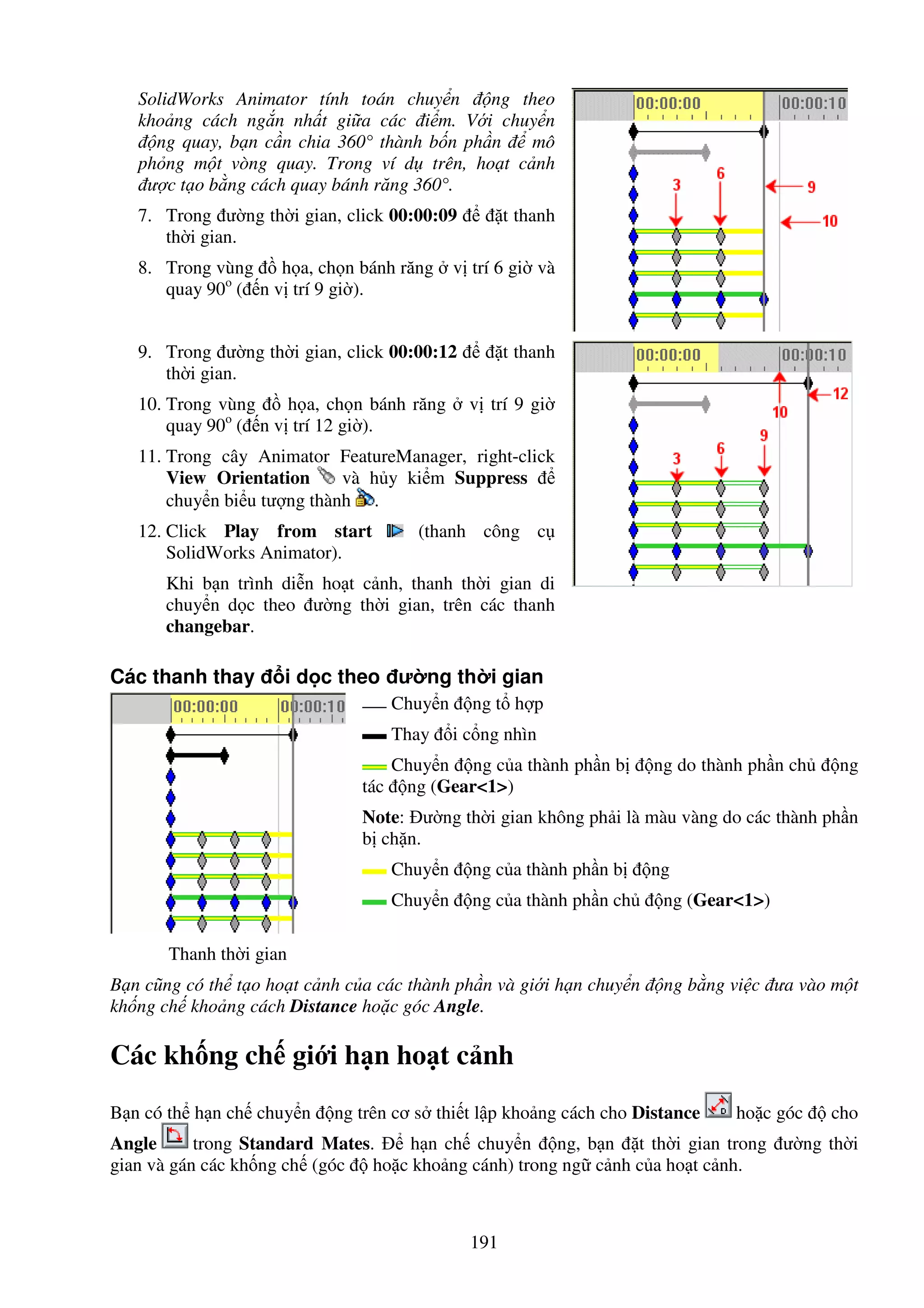 191
SolidWorks Animator tính toán chuy n ng theo
kho ng cách ng n nh t gi a các i m. V i chuy n
ng quay, b n c n chia 360° thành b n ph n mô
ph ng m t vòng quay. Trong ví d trên, ho t c nh
ư c t o b ng cách quay bánh răng 360°.
7. Trong ư ng th i gian, click 00:00:09 t thanh
th i gian.
8. Trong vùng h a, ch n bánh răng v trí 6 gi và
quay 90o
( n v trí 9 gi ).
9. Trong ư ng th i gian, click 00:00:12 t thanh
th i gian.
10. Trong vùng h a, ch n bánh răng v trí 9 gi
quay 90o
( n v trí 12 gi ).
11. Trong cây Animator FeatureManager, right-click
View Orientation và h y ki m Suppress
chuy n bi u tư ng thành .
12. Click Play from start (thanh công c
SolidWorks Animator).
Khi b n trình di n ho t c nh, thanh th i gian di
chuy n d c theo ư ng th i gian, trên các thanh
changebar.
Các thanh thay i d c theo ư ng th i gian
Thanh th i gian
Chuy n ng t h p
Thay i c ng nhìn
Chuy n ng c a thành ph n b ng do thành ph n ch ng
tác ng (Gear<1>)
Note: ư ng th i gian không ph i là màu vàng do các thành ph n
b ch n.
Chuy n ng c a thành ph n b ng
Chuy n ng c a thành ph n ch ng (Gear<1>)
B n cũng có th t o ho t c nh c a các thành ph n và gi i h n chuy n ng b ng vi c ưa vào m t
kh ng ch kho ng cách Distance ho c góc Angle.
Các kh ng ch gi i h n ho t c nh
B n có th h n ch chuy n ng trên cơ s thi t l p kho ng cách cho Distance ho c góc cho
Angle trong Standard Mates. h n ch chuy n ng, b n t th i gian trong ư ng th i
gian và gán các kh ng ch (góc ho c kho ng cánh) trong ng c nh c a ho t c nh.
 