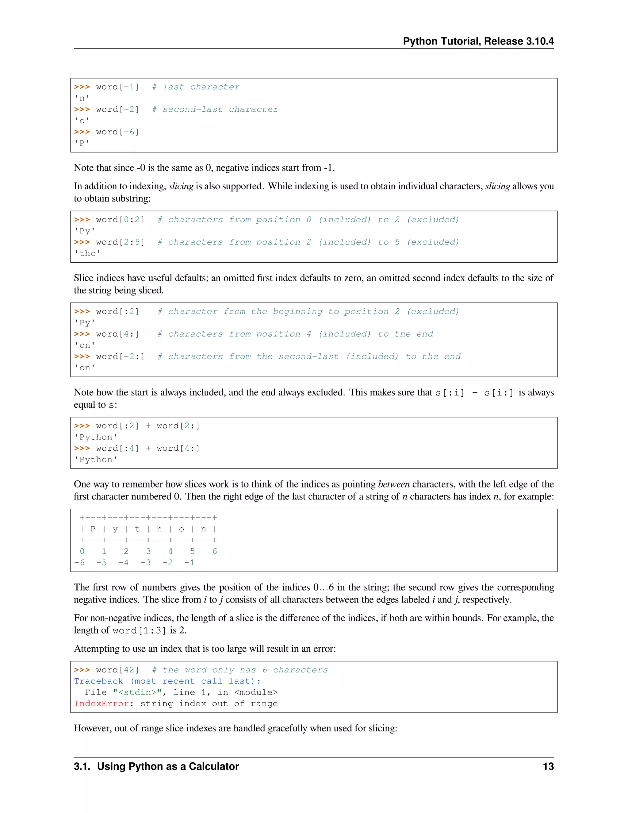 Python Tutorial, Release 3.10.4
>>> word[-1] # last character
'n'
>>> word[-2] # second-last character
'o'
>>> word[-6]
'P'
Note that since -0 is the same as 0, negative indices start from -1.
In addition to indexing, slicing is also supported. While indexing is used to obtain individual characters, slicing allows you
to obtain substring:
>>> word[0:2] # characters from position 0 (included) to 2 (excluded)
'Py'
>>> word[2:5] # characters from position 2 (included) to 5 (excluded)
'tho'
Slice indices have useful defaults; an omitted ﬁrst index defaults to zero, an omitted second index defaults to the size of
the string being sliced.
>>> word[:2] # character from the beginning to position 2 (excluded)
'Py'
>>> word[4:] # characters from position 4 (included) to the end
'on'
>>> word[-2:] # characters from the second-last (included) to the end
'on'
Note how the start is always included, and the end always excluded. This makes sure that s[:i] + s[i:] is always
equal to s:
>>> word[:2] + word[2:]
'Python'
>>> word[:4] + word[4:]
'Python'
One way to remember how slices work is to think of the indices as pointing between characters, with the left edge of the
ﬁrst character numbered 0. Then the right edge of the last character of a string of n characters has index n, for example:
+---+---+---+---+---+---+
| P | y | t | h | o | n |
+---+---+---+---+---+---+
0 1 2 3 4 5 6
-6 -5 -4 -3 -2 -1
The ﬁrst row of numbers gives the position of the indices 0…6 in the string; the second row gives the corresponding
negative indices. The slice from i to j consists of all characters between the edges labeled i and j, respectively.
For non-negative indices, the length of a slice is the diﬀerence of the indices, if both are within bounds. For example, the
length of word[1:3] is 2.
Attempting to use an index that is too large will result in an error:
>>> word[42] # the word only has 6 characters
Traceback (most recent call last):
File "<stdin>", line 1, in <module>
IndexError: string index out of range
However, out of range slice indexes are handled gracefully when used for slicing:
3.1. Using Python as a Calculator 13
 