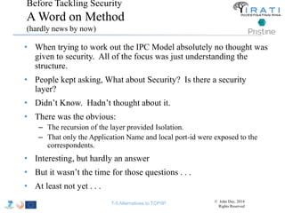 Before Tackling Security 
A Word on Method 
(hardly news by now) 
• When trying to work out the IPC Model absolutely no thought was 
given to security. All of the focus was just understanding the 
structure. 
• People kept asking, What about Security? Is there a security 
layer? 
• Didn’t Know. Hadn’t thought about it. 
• There was the obvious: 
– The recursion of the layer provided Isolation. 
– That only the Application Name and local port-id were exposed to the 
correspondents. 
• Interesting, but hardly an answer 
• But it wasn’t the time for those questions . . . 
• At least not yet . . . 
T-5 Alternatives to TCP/IP © John Day, 2014 
Rights Reserved 
 