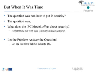But When It Was Time 
• The question was not, how to put in security? 
• The question was, 
• What does the IPC Model tell us about security? 
– Remember, our first task is always understanding. 
• Let the Problem Answer the Question! 
– Let the Problem Tell Us What to Do. 
T-5 Alternatives to TCP/IP © John Day, 2014 
Rights Reserved 
 