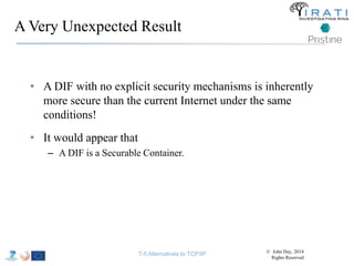 A Very Unexpected Result 
• A DIF with no explicit security mechanisms is inherently 
more secure than the current Internet under the same 
conditions! 
• It would appear that 
– A DIF is a Securable Container. 
T-5 Alternatives to TCP/IP © John Day, 2014 
Rights Reserved 
 