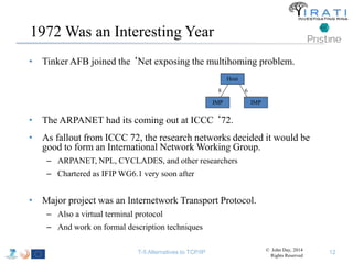 1972 Was an Interesting Year 
• Tinker AFB joined the ‘Net exposing the multihoming problem. 
Host 
• The ARPANET had its coming out at ICCC ‘72. 
• As fallout from ICCC 72, the research networks decided it would be 
good to form an International Network Working Group. 
– ARPANET, NPL, CYCLADES, and other researchers 
– Chartered as IFIP WG6.1 very soon after 
• Major project was an Internetwork Transport Protocol. 
– Also a virtual terminal protocol 
– And work on formal description techniques 
8 6 
IMP IMP 
T-5 Alternatives to TCP/IP © John Day, 2014 
Rights Reserved 
12 
 