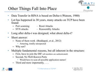 Other Things Fall Into Place 
• Data Transfer in RINA is based on Delta-t (Watson, 1980) 
• Lot has happened in 30 years, many attacks on TCP have been 
found: 
– Port scanning – Reset Attacks 
– SYN attacks – Reassembly Attacks 
• Long after delta-t was designed, what about delta-t? 
• Short answer: 
– None of them work (Boddapati, et al., 2012) 
• Amazing, totally unexpected 
– Why not? 
• Multiple fundamental reasons, but all inherent in the structure: 
– First, have to join the DIF (all members are authenticated) 
– Second, No Well-Known Ports 
• Would have to scan all possible application names! 
– Third and more importantly, . . . 
T-5 Alternatives to TCP/IP © John Day, 2014 
Rights Reserved 
 