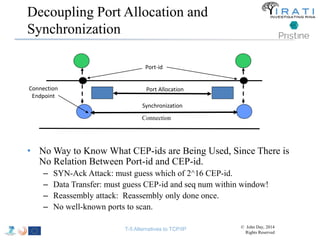 Decoupling Port Allocation and 
Synchronization 
Port-id 
Port Allocation 
Synchronization 
Connection 
Endpoint 
Connection 
• No Way to Know What CEP-ids are Being Used, Since There is 
No Relation Between Port-id and CEP-id. 
– SYN-Ack Attack: must guess which of 2^16 CEP-id. 
– Data Transfer: must guess CEP-id and seq num within window! 
– Reassembly attack: Reassembly only done once. 
– No well-known ports to scan. 
T-5 Alternatives to TCP/IP © John Day, 2014 
Rights Reserved 
 