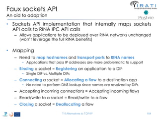 Faux sockets API 
An aid to adoption 
• Sockets API implementation that internally maps sockets 
API calls to RINA IPC API calls 
– Allows applications to be deployed over RINA networks unchanged 
(won’t leverage the full RINA benefits) 
• Mapping 
– Need to map hostnames and transport ports to RINA names 
• Applications that pass IP addresses are more problematic to support 
– Binding a socket = Registering an application to a DIF 
• Single DIF vs. Multiple DIFs 
– Connecting a socket = Allocating a flow to a destination app 
• No need to perform DNS lookup since names are resolved by DIFs 
– Accepting incoming connections = Accepting incoming flows 
– Read/write to a socket = Read/write to a flow 
– Closing a socket = Deallocating a flow 
T-5 Alternatives to TCP/IP 164 
 
