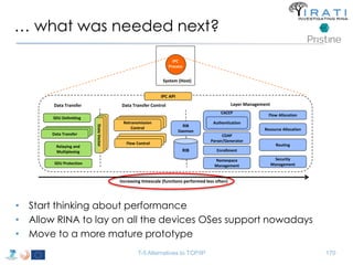 … what was needed next? 
IPC 
Process 
System (Host) 
IPC API 
Data Transfer Data Transfer Control Layer Management 
CACEP 
Retransmission 
• Start thinking about performance 
• Allow RINA to lay on all the devices OSes support nowadays 
• Move to a more mature prototype 
T-5 Alternatives to TCP/IP 170 
SDU Delimiting 
Data Transfer 
Relaying and 
Multiplexing 
SDU Protection 
Retransmission 
Control 
Flow Control 
RIB 
Daemon 
RIB 
CDAP 
Parser/Generator 
Enrollment 
Flow Allocation 
Resource Allocation 
Routing 
Authentication 
State Vector 
SStatatete V Veecctotorr 
DDaatata T Trarannsfsefer r 
Retransmission 
Control 
Control 
Flow Control 
Flow Control 
Namespace 
Management 
Security 
Management 
Increasing timescale (functions performed less often) 
 