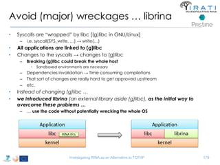 Avoid (major) wreckages … librina 
• Syscalls are “wrapped” by libc [(g)libc in GNU/Linux] 
– i.e. syscall(SYS_write, …) → write(…) 
• All applications are linked to (g)libc 
• Changes to the syscalls → changes to (g)libc 
– Breaking (g)libc could break the whole host 
• Sandboxed environments are necessary 
– Dependencies invalidation → Time consuming compilations 
– That sort of changes are really hard to get approved upstream 
– etc. 
• Instead of changing (g)libc … 
• we introduced librina (an external library aside (g)libc), as the initial way to 
overcome these problems … 
– … use the code without potentially wrecking the whole OS 
RINA fn’s libc librina 
Investigating RINA as an Alternative to TCP/IP 179 
Application 
libc 
kernel 
Application 
kernel 
 