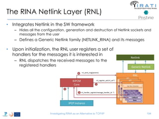 The RINA Netlink Layer (RNL) 
• Integrates Netlink in the SW framework 
– Hides all the configuration, generation and destruction of Netlink sockets and 
messages from the user 
– Defines a Generic Netlink family (NETLINK_RINA) and its messages 
• Upon initialization, the RNL user registers a set of 
handlers for the messages it is interested in 
– RNL dispatches the received messages to the 
registered handlers 
Investigating RINA as an Alternative to TCP/IP 194 
 