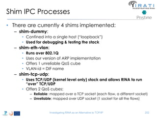 Shim IPC Processes 
• There are currently 4 shims implemented: 
– shim-dummy: 
• Confined into a single host (“loopback”) 
• Used for debugging & testing the stack 
– shim-eth-vlan: 
• Runs over 802.1Q 
• Uses our version of ARP implementation 
• Offers 1 unreliable QoS cube 
• VLAN-id = DIF name 
– shim-tcp-udp: 
• Uses TCP/UDP (kernel level only) stack and allows RINA to run 
“over” TCP/UDP 
• Offers 2 QoS cubes: 
– Reliable: mapped over a TCP socket (each flow, a different socket) 
– Unreliable: mapped over UDP socket (1 socket for all the flows) 
Investigating RINA as an Alternative to TCP/IP 202 
 