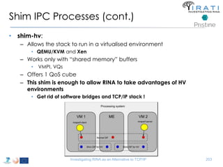 Shim IPC Processes (cont.) 
• shim-hv: 
– Allows the stack to run in a virtualised environment 
• QEMU/KVM and Xen 
– Works only with “shared memory” buffers 
• VMPI, VQs 
– Offers 1 QoS cube 
– This shim is enough to allow RINA to take advantages of HV 
environments 
• Get rid of software bridges and TCP/IP stack ! 
Investigating RINA as an Alternative to TCP/IP 203 
 