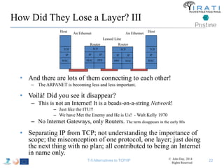 How Did They Lose a Layer? III 
Host Host 
TCP 
IP 
MAC 
An Ethernet 
Router Router 
TCP 
IP IP 
PPP 
MAC 
An Ethernet 
Leased Line 
TCP 
IP IP 
MAC 
PPP 
TCP 
IP 
MAC 
• And there are lots of them connecting to each other! 
– The ARPANET is becoming less and less important. 
• Voilà! Did you see it disappear? 
– This is not an Internet! It is a beads-on-a-string Network! 
– Just like the ITU!! 
– We have Met the Enemy and He is Us! -Walt Kelly 1970 
– No Internet Gateways, only Routers. The term disappears in the early 80s 
• Separating IP from TCP; not understanding the importance of 
scope; the misconception of one protocol, one layer; just doing 
the next thing with no plan; all contributed to being an Internet 
in name only. 
T-5 Alternatives to TCP/IP © John Day, 2014 
Rights Reserved 
22 
 