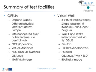 Summary of test facilities 
• OFELIA 
– Disperse islands 
– Different physical 
locations across 
Europe 
– Interconnected over 
public Internet via 
central Hub 
– OCF (OpenFlow) 
– Virtual Machines 
– NEC 8800 OF switches 
– OS/Linux 
– IRATI VM image 
• Virtual Wall 
– 3 Virtual wall instances 
– Single location: @ 
iMinds IBCN in Ghent, 
Belgium 
– Wall 1 and Wall2 
interconnected via 
1/10GbE 
– Emulab 
– ~300 Physical Servers 
– Force10 
– OS/Linux / Win / BSD 
– IRATI disk image 
T-5 Alternatives to TCP/IP 260 
 