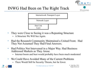 INWG Had Been on The Right Track 
Internetwork Transport Layer 
Network Layer 
Data Link 
Layer 
• They were Close to Seeing it was a Repeating Structure 
– A Structure We Will See Again. 
• Had the Research Community Maintained a United Front. Had 
They Not Assumed They Had Final Answers. 
• Had Politics Not Intervened in a Major Way. Had Business 
Addressed Markets as They Arose. 
– Internet boom and bust would probably have been much moderated 
• We Could Have Avoided Many of the Current Problems 
– There Would Still be Security Threats, but far fewer. 
T-5 Alternatives to TCP/IP © John Day, 2014 
Rights Reserved 
 