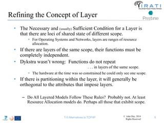Refining the Concept of Layer 
• The Necessary and (usually) Sufficient Condition for a Layer is 
that there are loci of shared state of different scope. 
• For Operating Systems and Networks, layers are ranges of resource 
allocation. 
• If there are layers of the same scope, their functions must be 
completely independent. 
• Dykstra wasn’t wrong: Functions do not repeat 
. . . in layers of the same scope. 
• The hardware at the time was so constrained he could only see one scope. 
• If there is partitioning within the layer, it will generally be 
orthogonal to the attributes that impose layers. 
– Do All Layered Models Follow These Rules? Probably not. At least 
Resource Allocation models do. Perhaps all those that exhibit scope. 
T-5 Alternatives to TCP/IP © John Day, 2014 
Rights Reserved 
6 
 