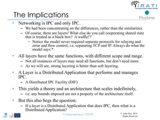 The Implications 
• Networking is IPC and only IPC. 
– We had been concentrating on the differences, rather than the similarities. 
– Of course, there are layers! What else do you call cooperating shared state 
that is treated as a black box? A waffle!? 
• Notice the model never required separate protocols for relaying and 
error and flow control, i.e. separating TCP and IP. Always do what the 
model says.* 
• All layers have the same functions, with different scope and range. 
– Not all instances of layers may need all functions, but don’t need more. 
– As we will see, strong layering is better than soft layering. 
• A Layer is a Distributed Application that performs and manages 
IPC. 
– A Distributed IPC Facility (DIF) 
• This yields a theory and an architecture that scales indefinitely, 
– i.e. any bounds imposed are not a property of the architecture itself. 
• But this also begs the question: 
– If a layer is a Distributed Application that does IPC, then what is a 
Distributed Application? 
T-5 Alternatives to TCP/IP © John Day, 2014 
Rights Reserved 
 