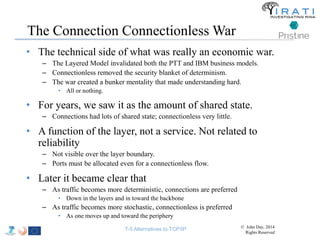 The Connection Connectionless War 
• The technical side of what was really an economic war. 
– The Layered Model invalidated both the PTT and IBM business models. 
– Connectionless removed the security blanket of determinism. 
– The war created a bunker mentality that made understanding hard. 
• All or nothing. 
• For years, we saw it as the amount of shared state. 
– Connections had lots of shared state; connectionless very little. 
• A function of the layer, not a service. Not related to 
reliability 
– Not visible over the layer boundary. 
– Ports must be allocated even for a connectionless flow. 
• Later it became clear that 
– As traffic becomes more deterministic, connections are preferred 
• Down in the layers and in toward the backbone 
– As traffic becomes more stochastic, connectionless is preferred 
• As one moves up and toward the periphery 
T-5 Alternatives to TCP/IP © John Day, 2014 
Rights Reserved 
 