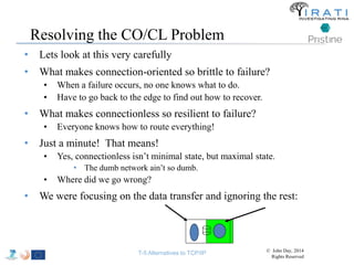 Resolving the CO/CL Problem 
• Lets look at this very carefully 
• What makes connection-oriented so brittle to failure? 
• When a failure occurs, no one knows what to do. 
• Have to go back to the edge to find out how to recover. 
• What makes connectionless so resilient to failure? 
• Everyone knows how to route everything! 
• Just a minute! That means! 
• Yes, connectionless isn’t minimal state, but maximal state. 
• The dumb network ain’t so dumb. 
• Where did we go wrong? 
• We were focusing on the data transfer and ignoring the rest: 
T-5 Alternatives to TCP/IP © John Day, 2014 
Rights Reserved 
 
