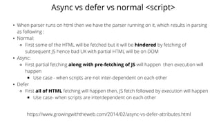 Async vs defer vs normal <script>
• When parser runs on html then we have the parser running on it, which results in parsing
as following :
• Normal:
⚬ First some of the HTML will be fetched but it will be hindered by fetching of
subsequent JS hence bad UX with partial HTML will be on DOM
• Async:
⚬ First partial fetching along with pre-fetching of JS will happen then execution will
happen
￭ Use case - when scripts are not inter-dependent on each other
• Defer
⚬ First all of HTML fetching will happen then, JS fetch followed by execution will happen
￭ Use case- when scripts are interdependent on each other
https://www.growingwiththeweb.com/2014/02/async-vs-defer-attributes.html
 