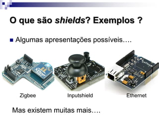 O que são shields? Exemplos ?
 Algumas apresentações possíveis….
Inputshield
Zigbee
Mas existem muitas mais….
Ethernet
 