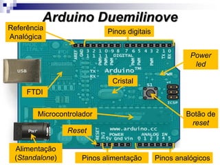 Arduino Duemilinove
Pinos digitais
Pinos analógicos
Botão de
reset
Power
led
FTDI
Referência
Analógica
Microcontrolador
Cristal
Alimentação
(Standalone)
Reset
Pinos alimentação
 